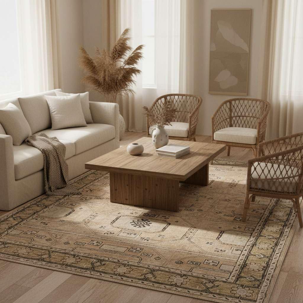 SN ALEFHOME Handmade Rectangular Wool Rug – Ellington Tribal Pattern | Washable & Non-Slip Area Carpet for Living Room & Home Interior(2'6x8' ft_Beige)