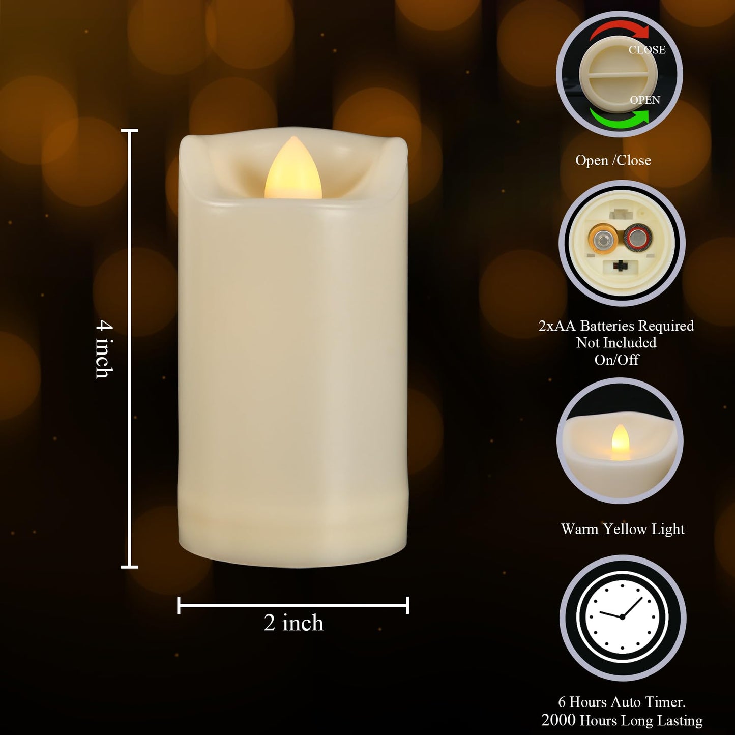 2" X 4" Battery Operated Flameless Candles with Timer, Waterproof Outdoor Flickering LED Pillar Candles for Home, Wedding Decoration, Slim Tall, Ivory Plastic, 2 Pack