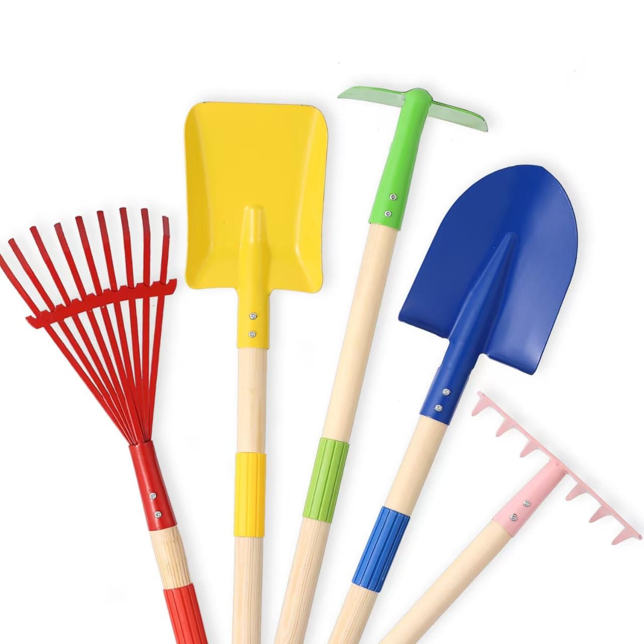 5 PCS 28" Detatchble Kids Gardening Tools, Metal Beach Digging Toys with Sturdy Wooden Handle, Safe Backyard Snow Sensory Playset Including Hoe, Tooth & Leaf Rakes, Flat & Pointed Shovels for Children