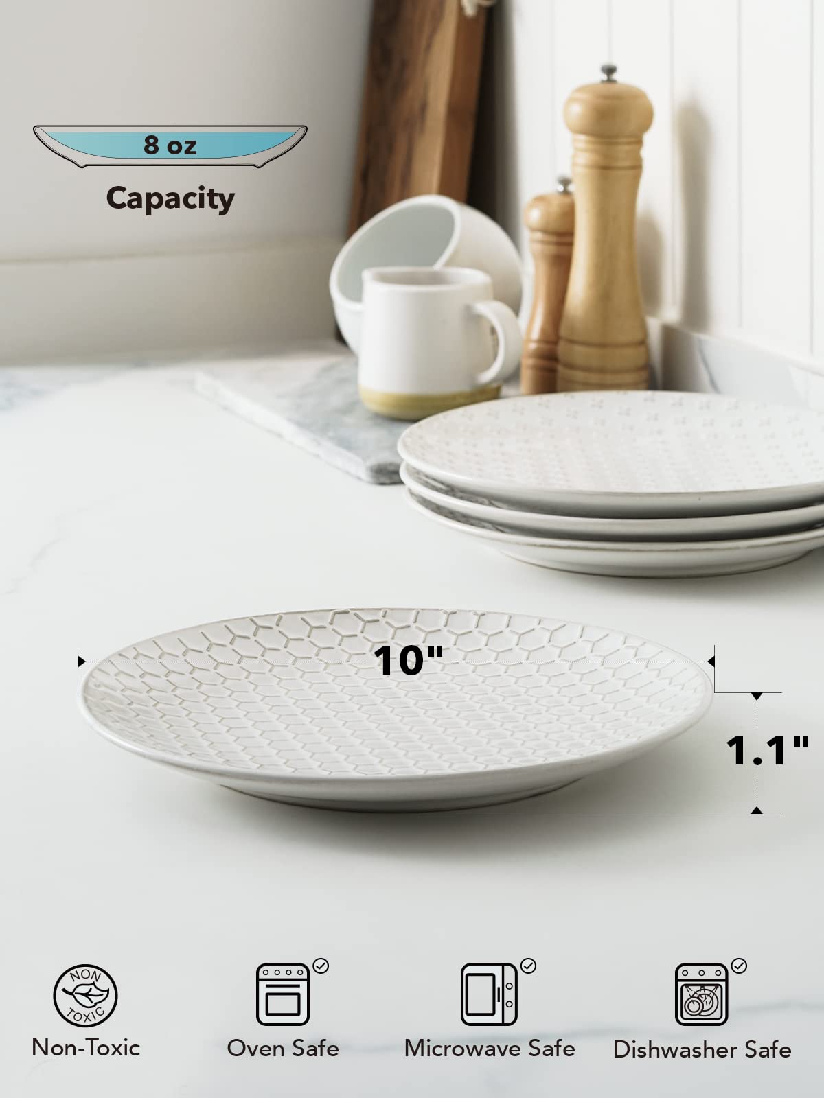 LE TAUCI 10 Inch Ceramic Dinner Plates Set of 4, Large Embossed Plate Set for Kitchen, Microwave & Dishwasher Safe Dinnerware Sets, Modern White Serving Dishes for Pasta, Steak - Arctic White