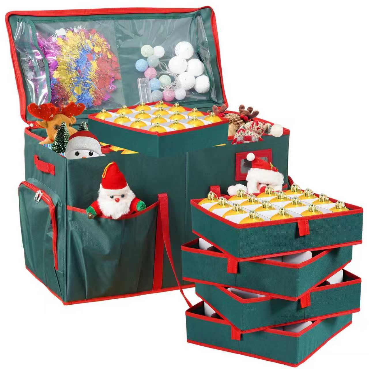 Peyulia Christmas Ornament Storage Box,2-in-1 Christmas ornament organizer&Christmas Figurine Container,5 Trays,6 Adjustable Christmas Figurine Storage Grids,Green