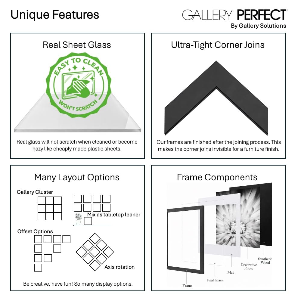 GALLERY PERFECT 12x12 Picture Frames, 9 Piece Set with Real Glass Cover for 8x8 Photos With Mat, Picture Frames Collage Wall Decor for Gallery Wall, Home Decor, Grey