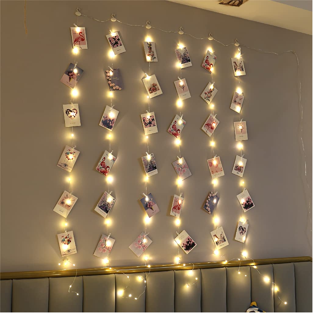 ZSJWL 3.3×5ft Short Curtain Lights with 8 Hook for Small Windows, 96 LED Warm White Photo Clips String Light with 52 Clear Clips, Remote Control 8 Modes USB Fairy Lights for Bedroom, Party, Wall
