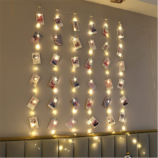ZSJWL 3.3×5ft Short Curtain Lights with 8 Hook for Small Windows, 96 LED Warm White Photo Clips String Light with 52 Clear Clips, Remote Control 8 Modes USB Fairy Lights for Bedroom, Party, Wall
