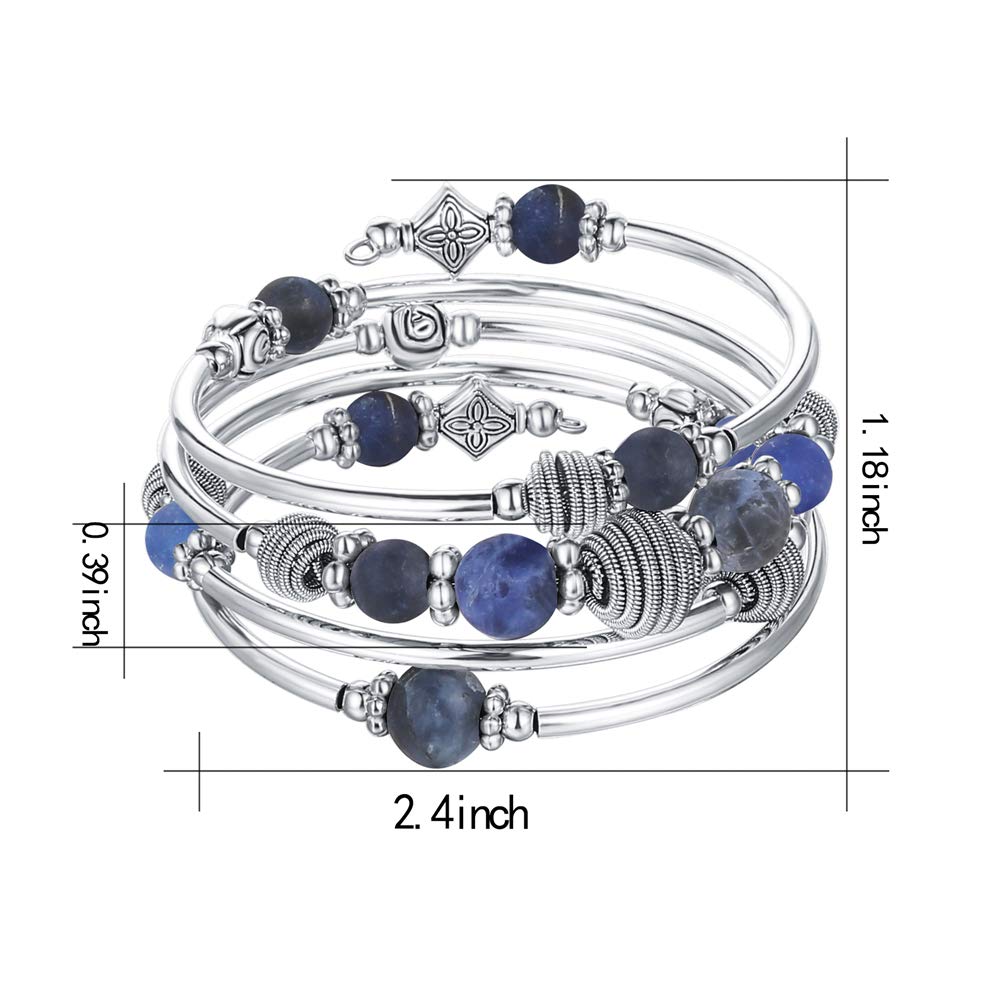 PEARL&CLUB Beaded Chakra Bangle Turquoise Bracelet - Fashion Jewelry Wrap Bracelet with Thick Silver Metal and Mala Beads, Birthday Gifts For Women(Navy Blue)
