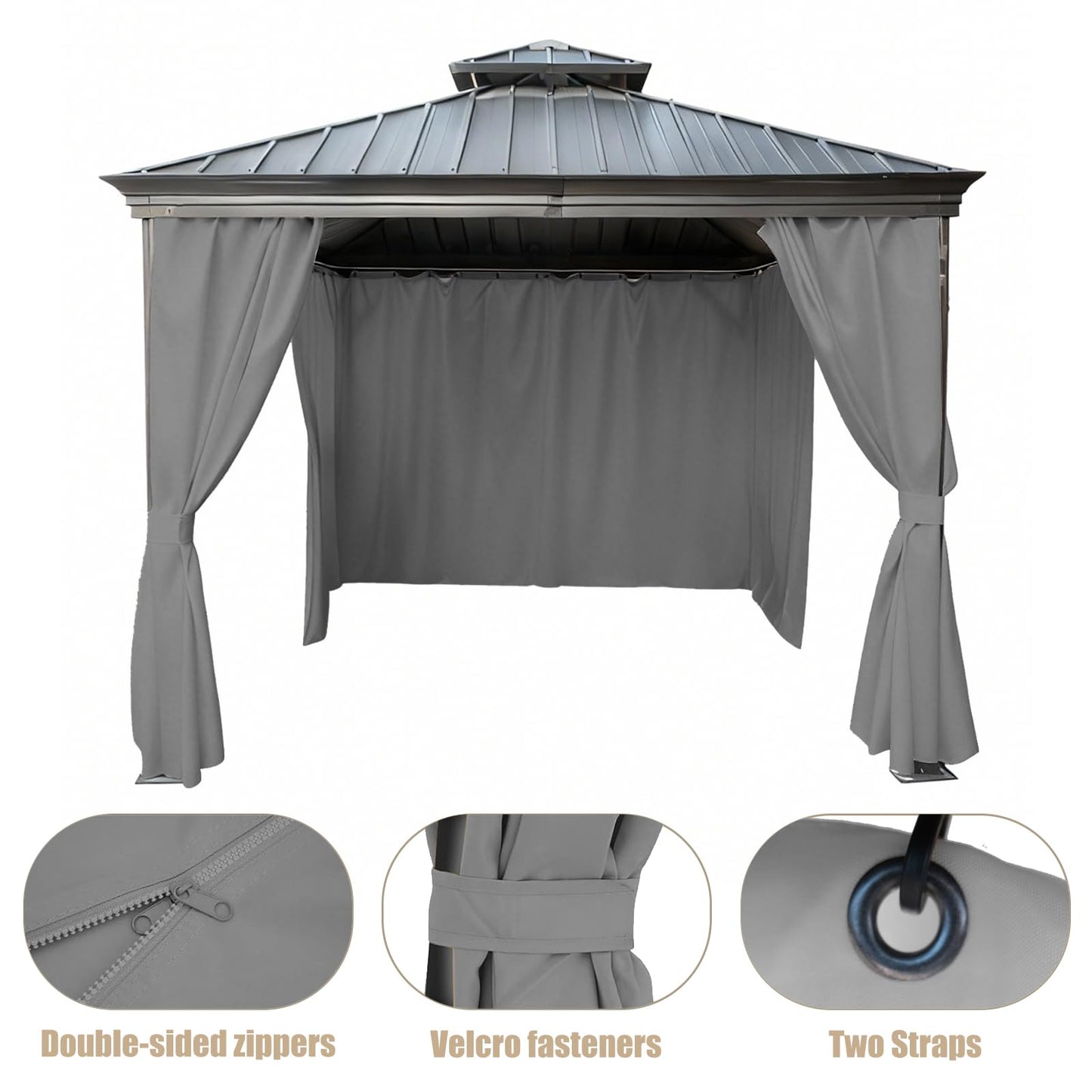 GarPad Gazebo Curtain Replacement Universal Privacy Curtain, 4-Panels Sidewall 10'X12' Curtain Gazebo Outdoor with Zipper,Universal Replacement for Patio Privacy Screen Grey(Only Curtain)
