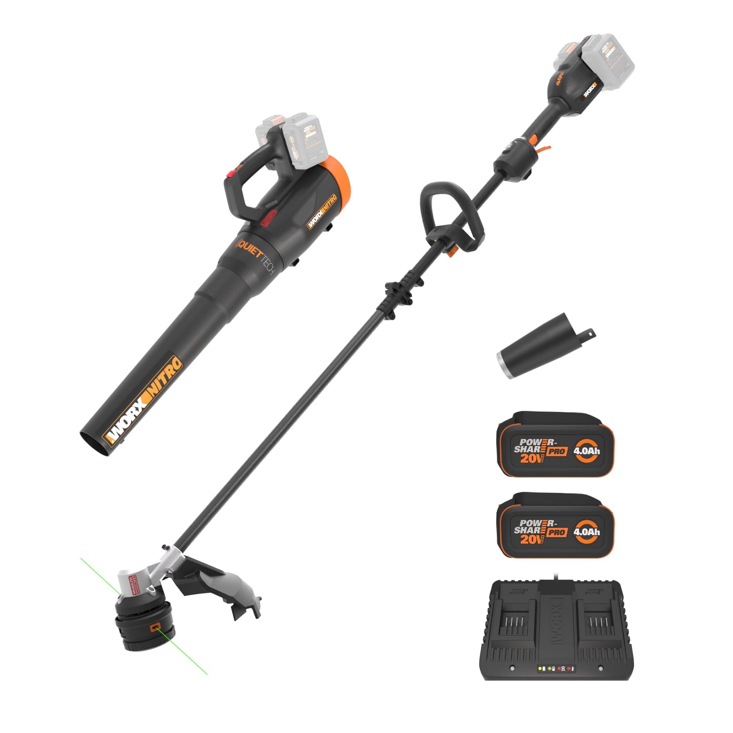WORX Cordless String Trimmer & Leaf Blower Combo, 15'' 40V Weed Eater with Carbon Fiber Shaft, 530 CFM 40V Quiet Electric Blower with 57 dB, 2 × 4.0 Ah Batteries & Charger Included, WP925