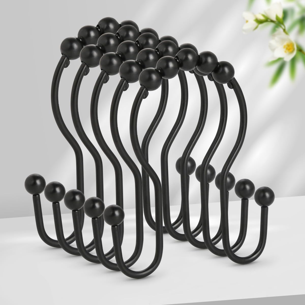 Resze Shower Curtain Hooks, Sturdy Metal Black Shower Curtain Rings, Glide Roller Double Shower Hooks, Rust Proof Anti-Drop Curtain Hooks, 12 Pcs Smooth Sliding Rings for Bathroom Shower Rods Curtains