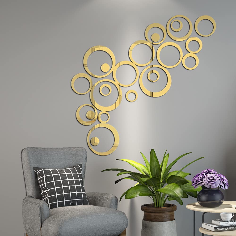 24 Pieces Wall Stickers Acrylic Circle Mirror Removable Mirror Wall Decoration Wall Decals Murals for Home Living Room Bedroom Decor (Gold-Circle)