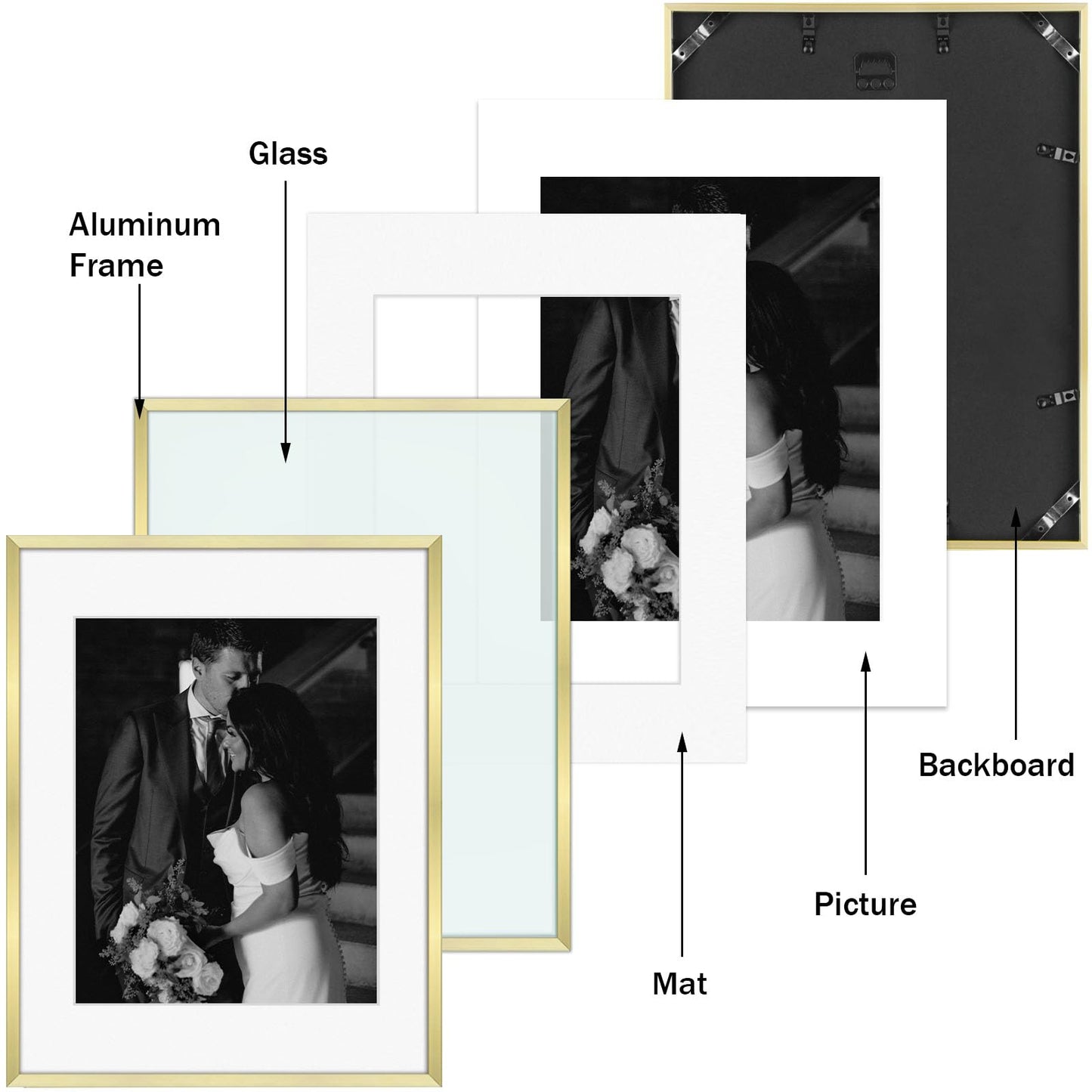 Frametory, Gold Aluminum Picture Frame with Removable Mat - Set of 7 Includes Four 5x7, Two 8x10, One 11x14 - Real Glass Front - Simple Gallery Wall Frames for Art Prints and Posters