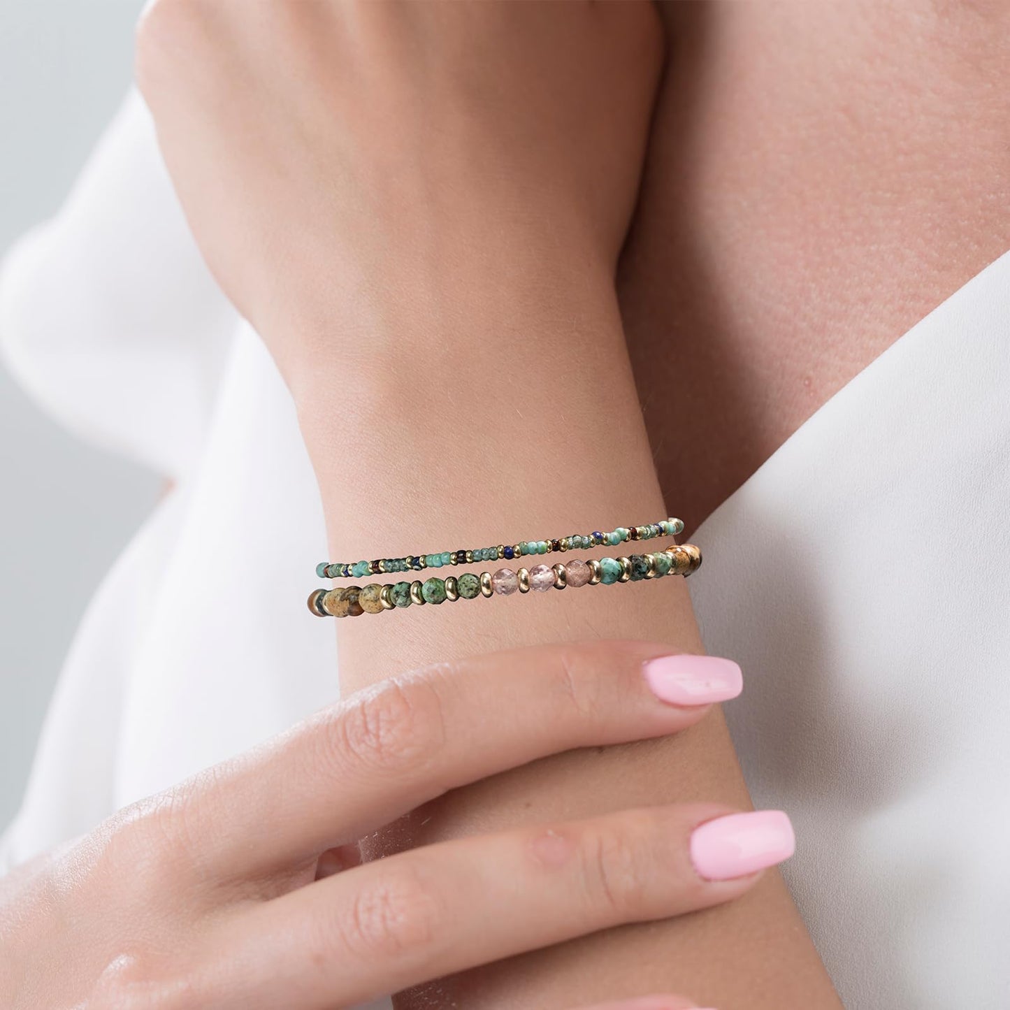 Togous 2 Pcs Beaded Bracelets for Women, Colorful Gemstone Natural Stone Boho Rainbow Bracelet - Adjustable Unique Energy Birthday Inspirational Jewelry Gifts Friends Mom Sisters Friendship