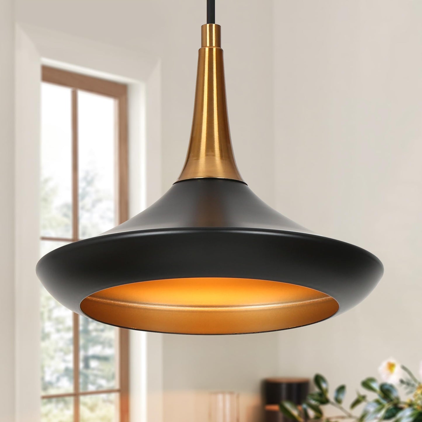 LALUZ Modern Black Gold Pendant Light, Adjustable Hanging Light Fixture with Electroplated Finish for Kitchen Island, Dining Room, Bedroom