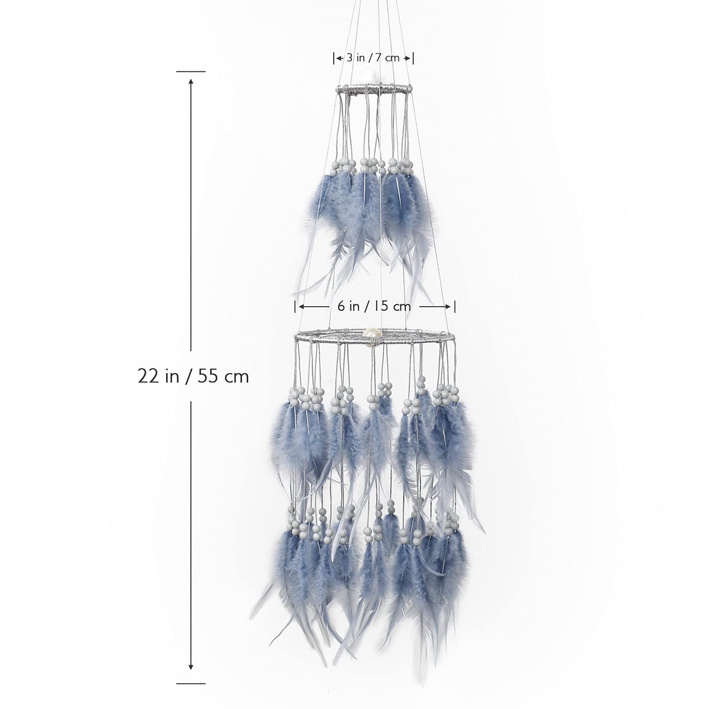 Dremisland Double Circle White Feather Dream Catcher with Mobile LED Fairy Lights Wall Hanging Ornaments Ceiling Decor for Bedroom Decor Wedding Decorations Boho Chic Party Nursery Decor (Grey)