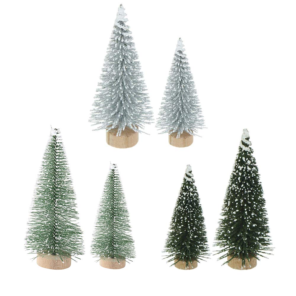 Yahpetes Miniature Christmas Tree 6 Pcs Pine Trees Sisal Trees Snow Frost Ornaments with Wooden Bases for Miniature Scenes, Christmas Crafting and Designing, Mixed Size