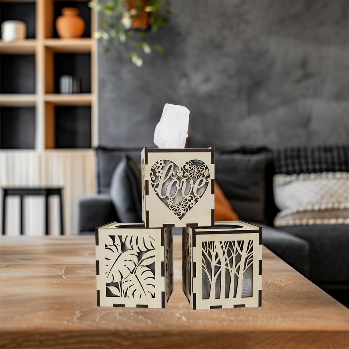 Wooden Tissue Box Cover Square,Laser Cut Decorative Cube Tissue Box Holder for Farmhouse Decor (Leaf -Pattern)