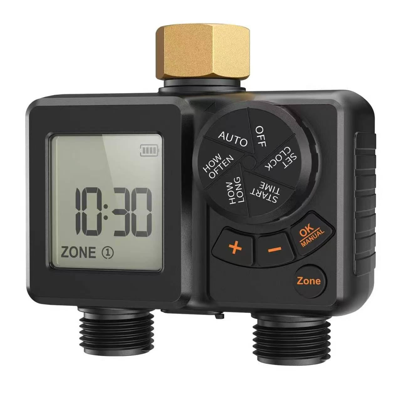 NTTYIECX Sprinkler Timer 2 Zone,Water Timer for Garden Hose with Lithium Battery ＆ Controller Brass Inlet, Delay/Manual/Automatic Watering Irrigation System for Yard, Lawn,Garden IPX6 Waterproof