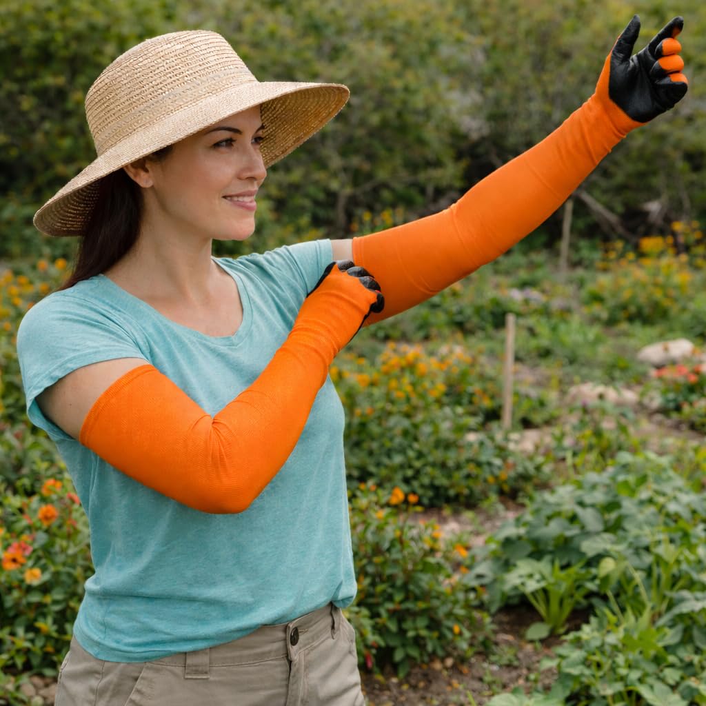 CHARGUY Long Sleeve Gardening Gloves Protection Sleeves No-Slip Grip, Durable Long Garden Gloves Flexible Sleeves, Women/Men (Orange, Small)