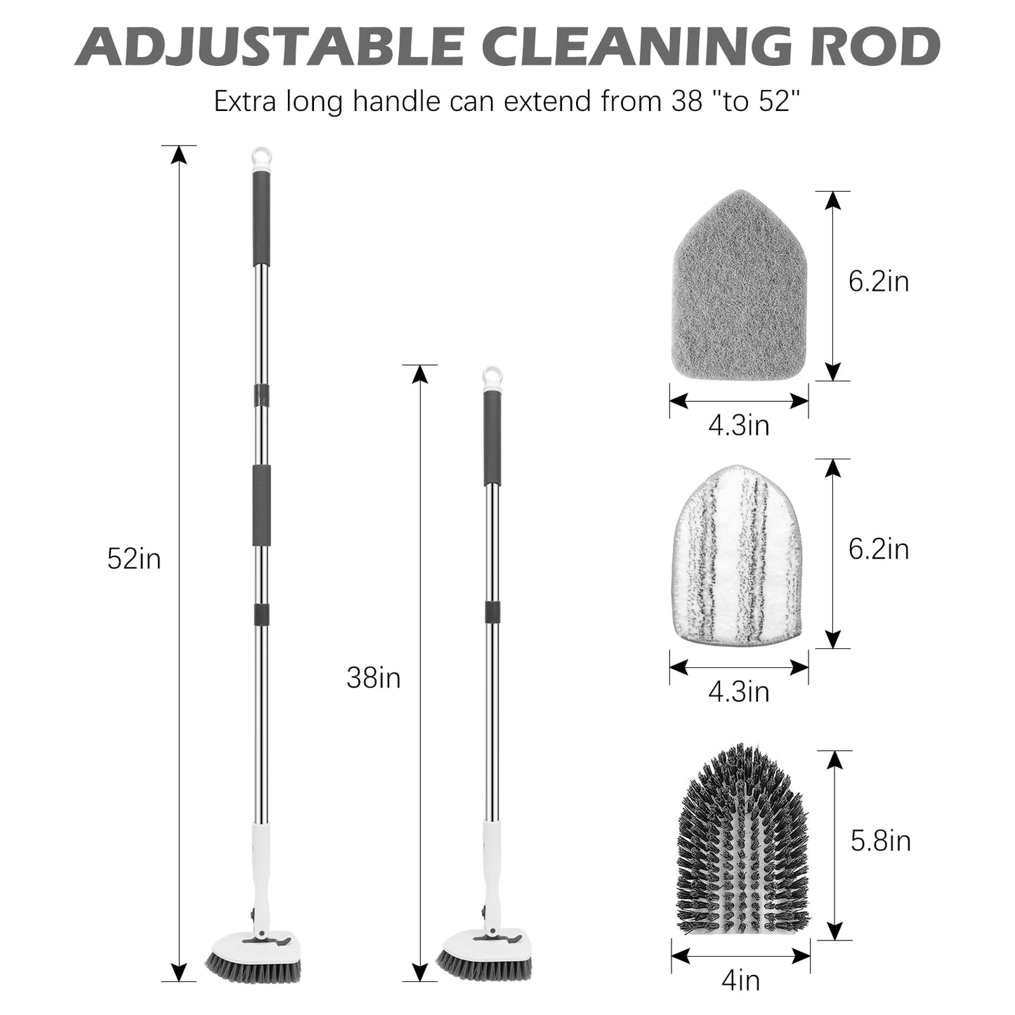 SetSail Floor Scrub Brush, 3-in-1 Tile Tub Floor Scrubber with 52-inch Adjustable Long Handle Shower Cleaner Brush and 4 Detachable Replacement Brush Heads for Cleaning Bathroom Tub Tile, White Grey