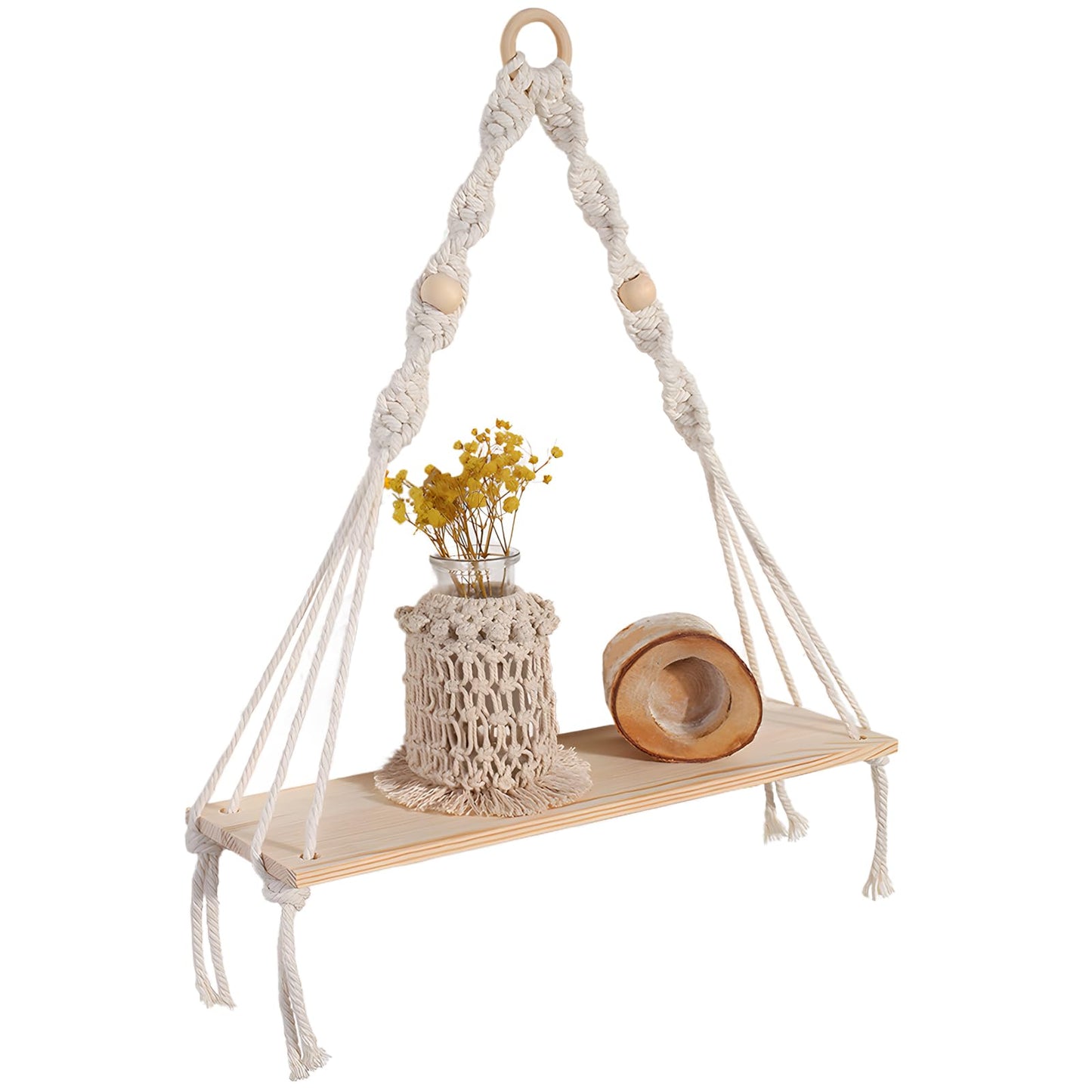 BusonQueen Boho Macrame Wall Hanging Shelves,Wooden Floating Shelves for Wall with Handmade Woven Rope for Home Decor