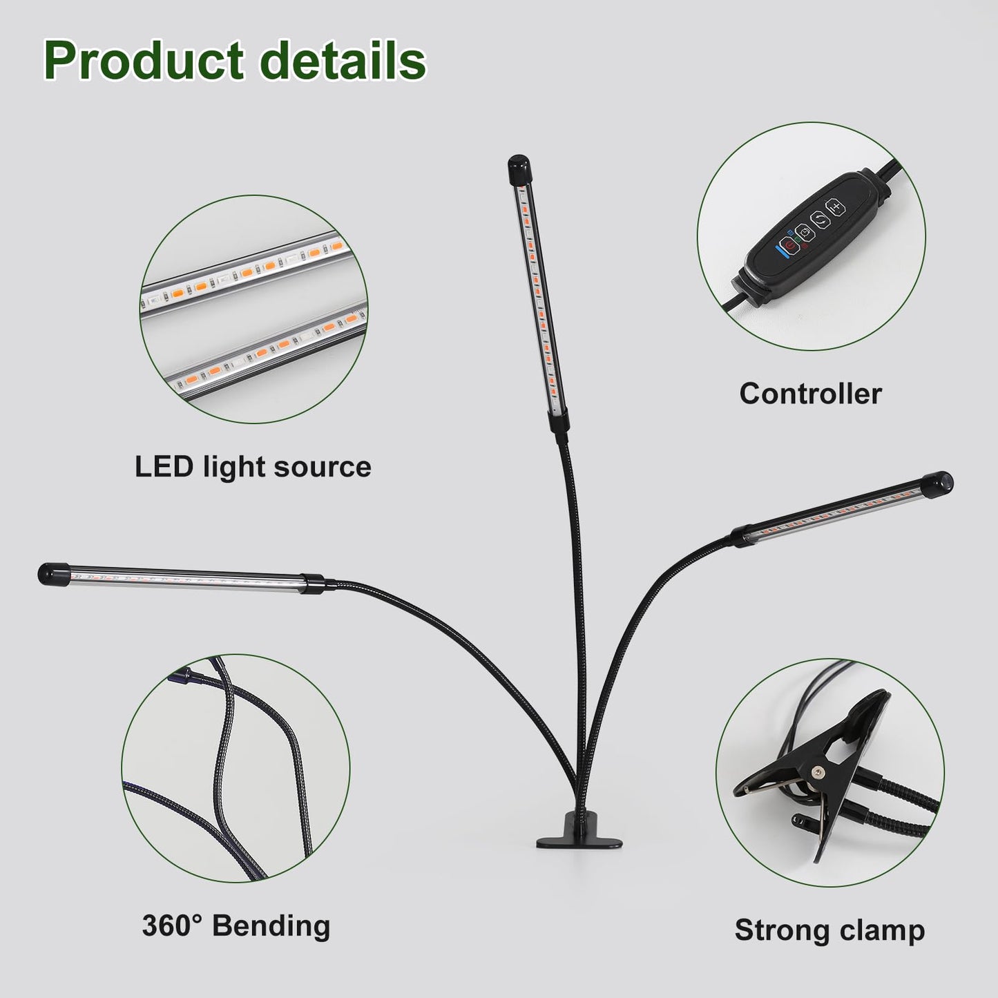 BS&S LED Grow Light,6000K Full Spectrum Clip Plant Growing Lamp with White Red LEDs for Indoor Plants,5-Level Dimmable,Auto On Off Timing 4 8 12Hrs (USB/20W)