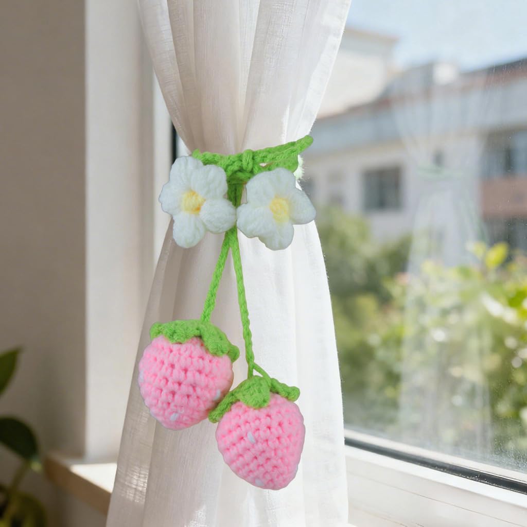 Ytanhr Crochet Strawberry and Flower Car Hanging Ornaments, Aesthetic Rearview Mirror Hanging Accessories, Handmade Car Decor 2-Pack, Pink