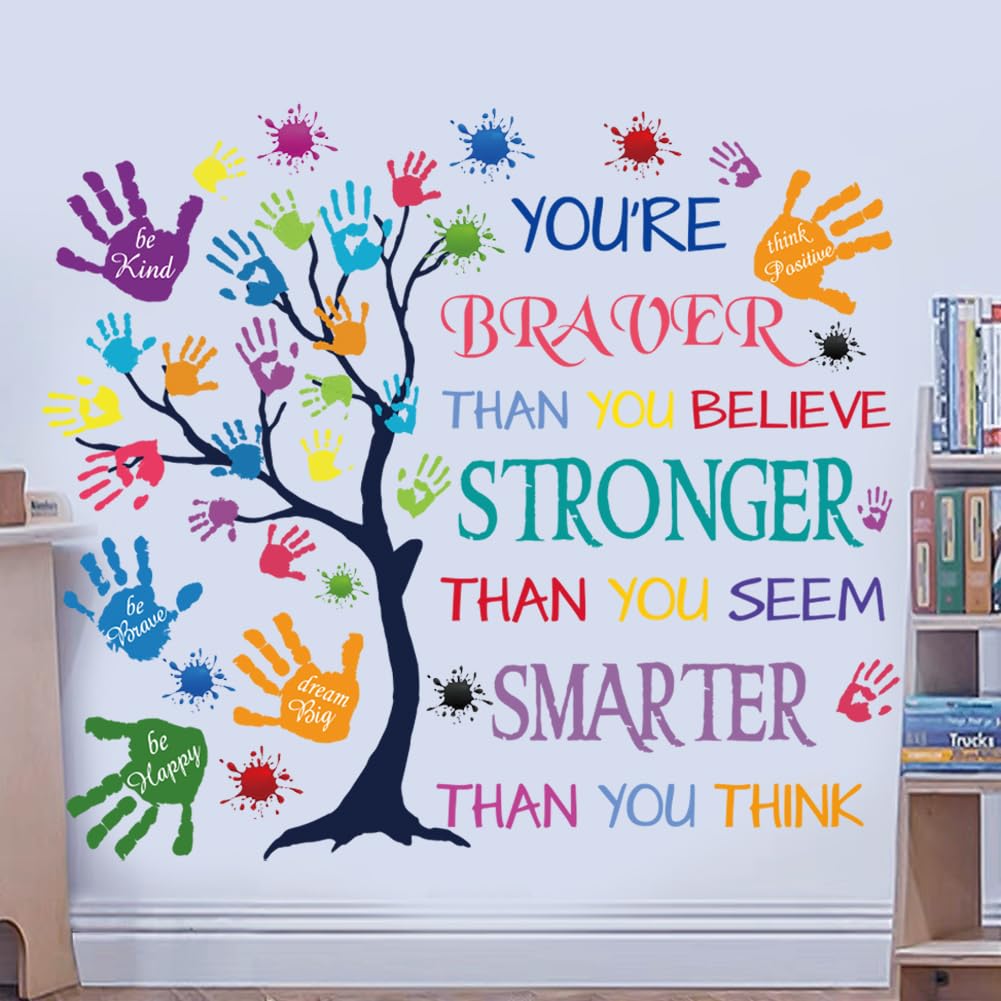 Colorful Inspirational Quote Wall Decal-You’re Braver Than You Believe, Stronger Than You Seem, Smarter Than You Think, Motivational Quote Phrases Wall Sticker Kids Room Nursery, Classroom Decor.