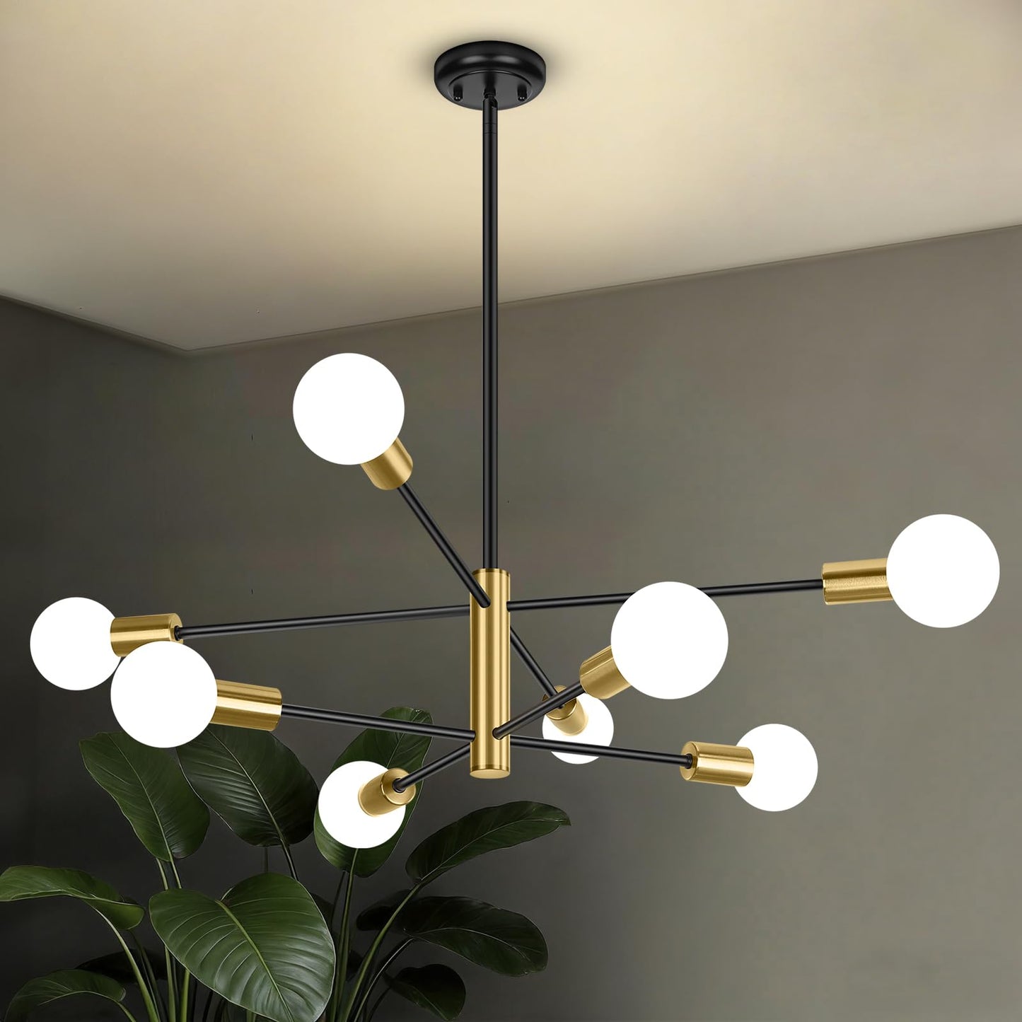 BesLowe 31‘’ 8-Light Modern Sputnik Chandelier, Mid Century Black & Gold Chandeliers Lighting, Farmhouse Ceiling Hanging Light Fixture for Dining Room Bedroom Room Kitchen Foyer, Height Adjustable