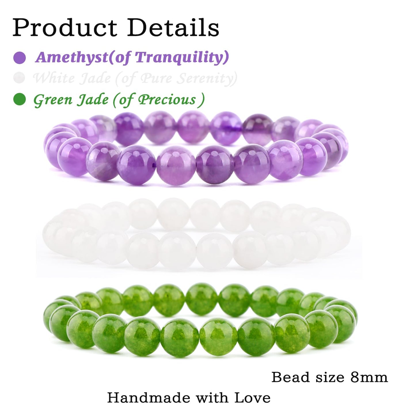 NCB 3-Piece 8mm Natural Crystal Gemstone Stretch Bracelets – ﻿Amethyst, Green Jade, White Jade Handmade Reiki Energy Healing Jewelry for Meditation,Yoga, Unisex