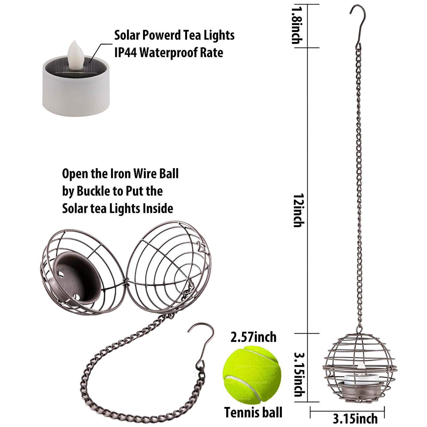 Solar Hanging Lanterns Outdoor Waterproof, Rust Iron Ball Candle Holder with Flickering Solar Powered Tea Lights, Perfect Chargeable Solar Lights for Backyard Patio Garden Fence Tree Decoration-4Pack