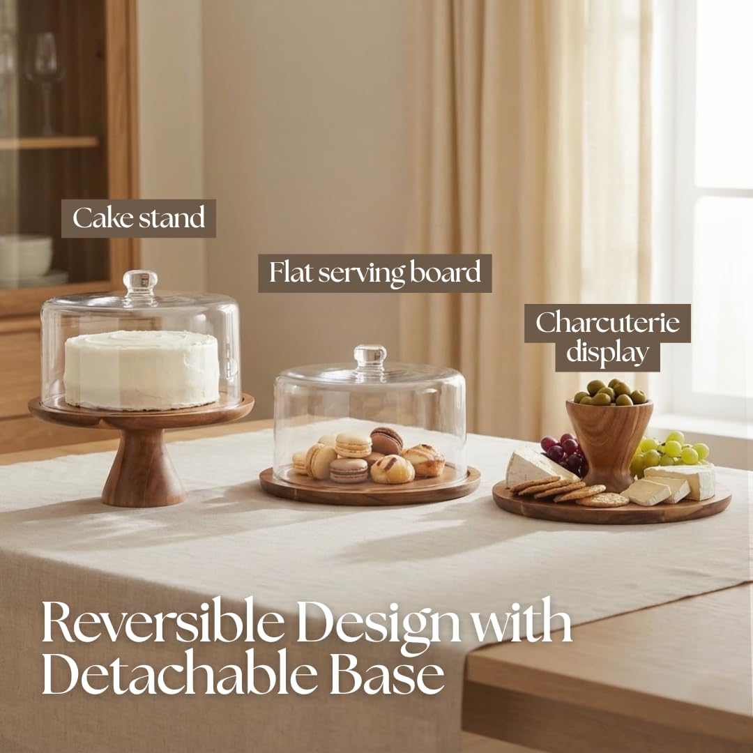 Stellarie Acacia Wood Cake Stand with Glass Dome Lid, Reversible Cake Stand and Serving Board Designed for Everyday Use, Desserts, Charcuterie, and Gifting