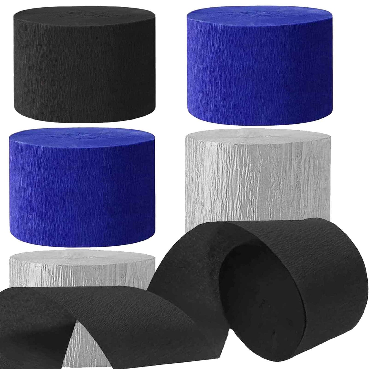 We Moment Black and Blue Silvery Crepe Paper Streamers Party Streamer 1.8 Inch Widening 6 Rolls,Black Blue Party Decorations Streamer 82 feet per roll for Birthday Party Decorations