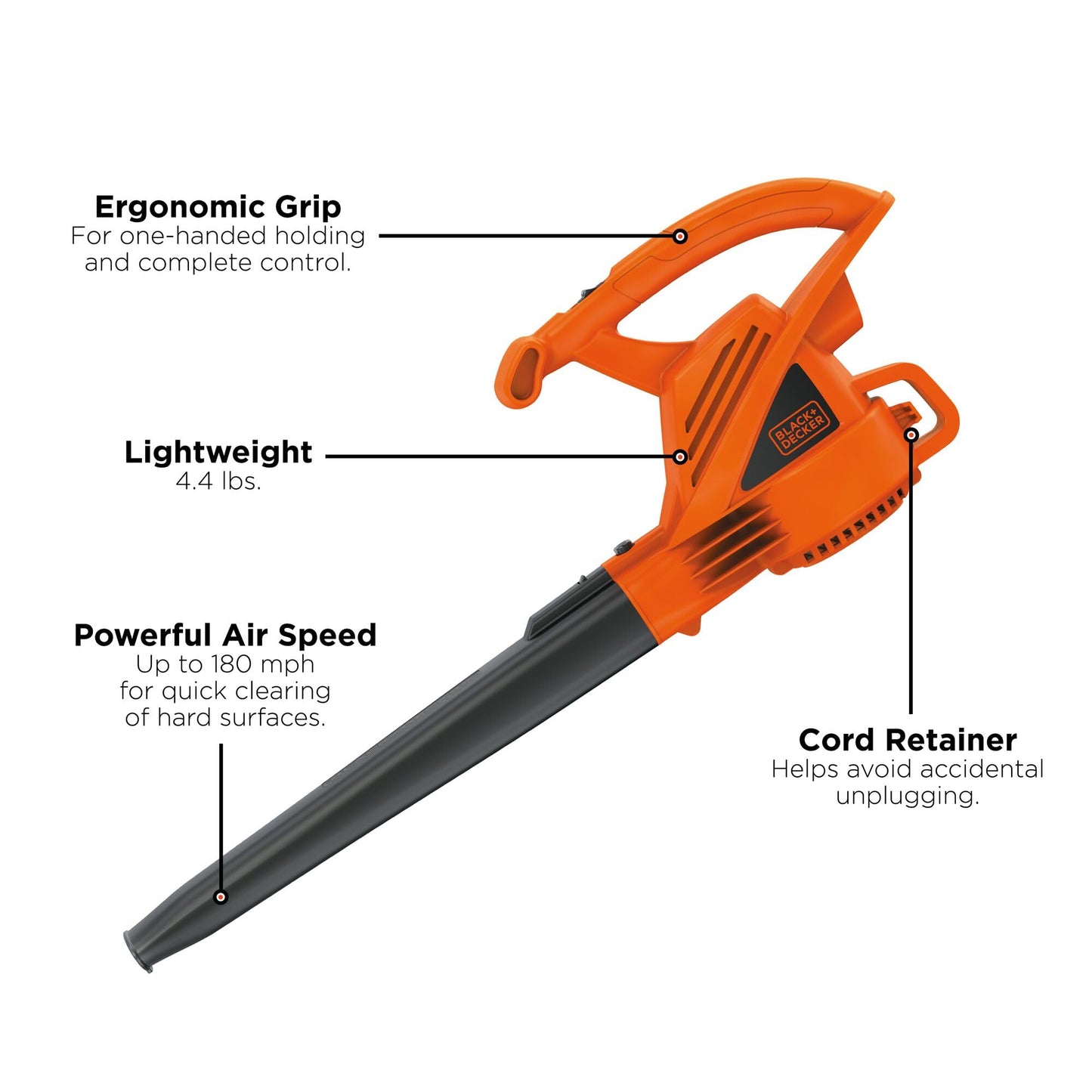 BLACK+DECKER Electric Leaf Blower, Handheld Blowers for Lawn Care, Lightweight, 180 MPH 180 CFM, 7-Amp, Corded (LB700)