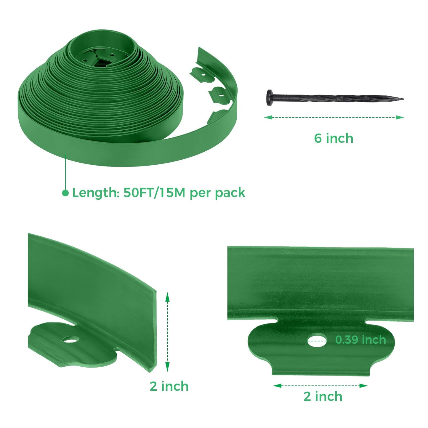 2-Inch x 50 FT Landscape Edging Border with 75 Stakes, Garden Edging Border Lawn Edging Border, Plastic Edging Border Flexible for Garden Flower Beds Lawn Yard Paver Pathway (Green)