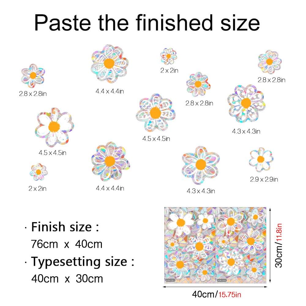 12pcs Spring Summer Daisy Window Stickers, Double-Side Glass Decals Shiny Rainbow Prism Anti Collision Window Clings for Mirror Glass Display Shop Office School Supplies Reusable
