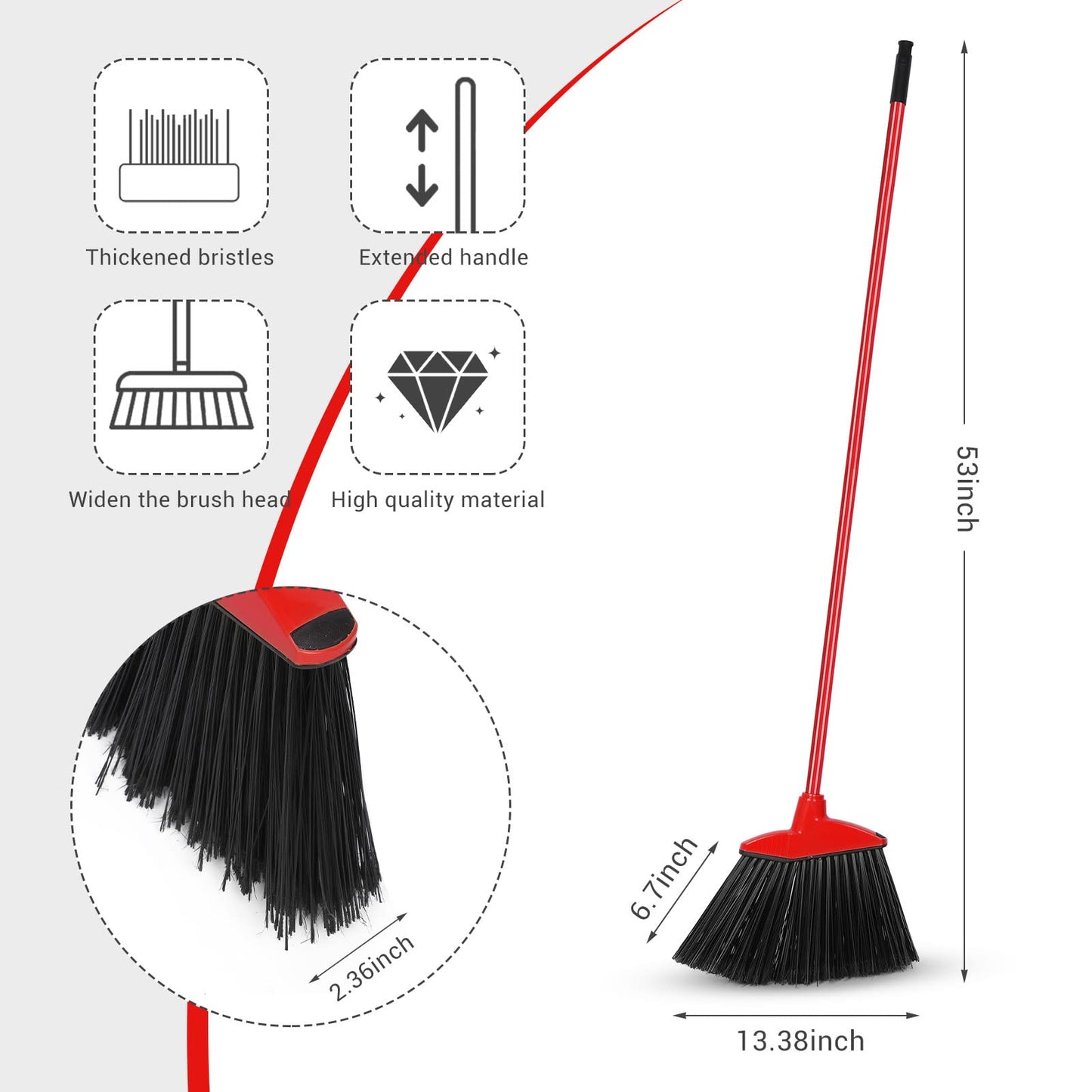 12 Pcs Heavy Duty Commercial Angle Broom 53 Inch Long Handle for Sweeping Indoor Outdoor - Garage, Courtyard, Patio, Lobby, Mall, Market, Shop, Sidewalk Floor (Red)