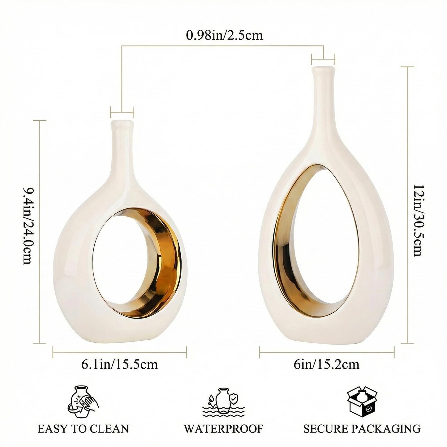 White and Gold Vase Ceramic White Vases Home Decor,Modern Minimalist Circle with Hole Decorative Vase, Hollow Ellipse Flower vases for Bookshelf, Fireplace Mantle, Centerpieces,Farmhouse,Rustic Décor