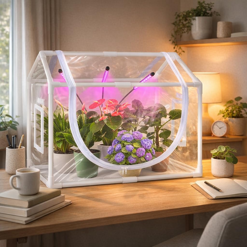 Vercome Indoor Mini Greenhouse with Grow Light, Tabletop Small Greenhouse for Beginners, All-in-One Tiny Plant Nursery Kit with Adjustable LED Light & Timer, Smart Grow Tent for Herbs, Gardening Gift