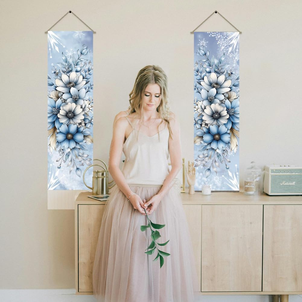 AHANDMAKER 2Pcs Vintage Blue Garden Flowers Tapestry, Nostalgic Floral Arrangement Tassel Tapestry Hanging for Bedroom Living Room Vintage Appeal(45.7x13 Inch)