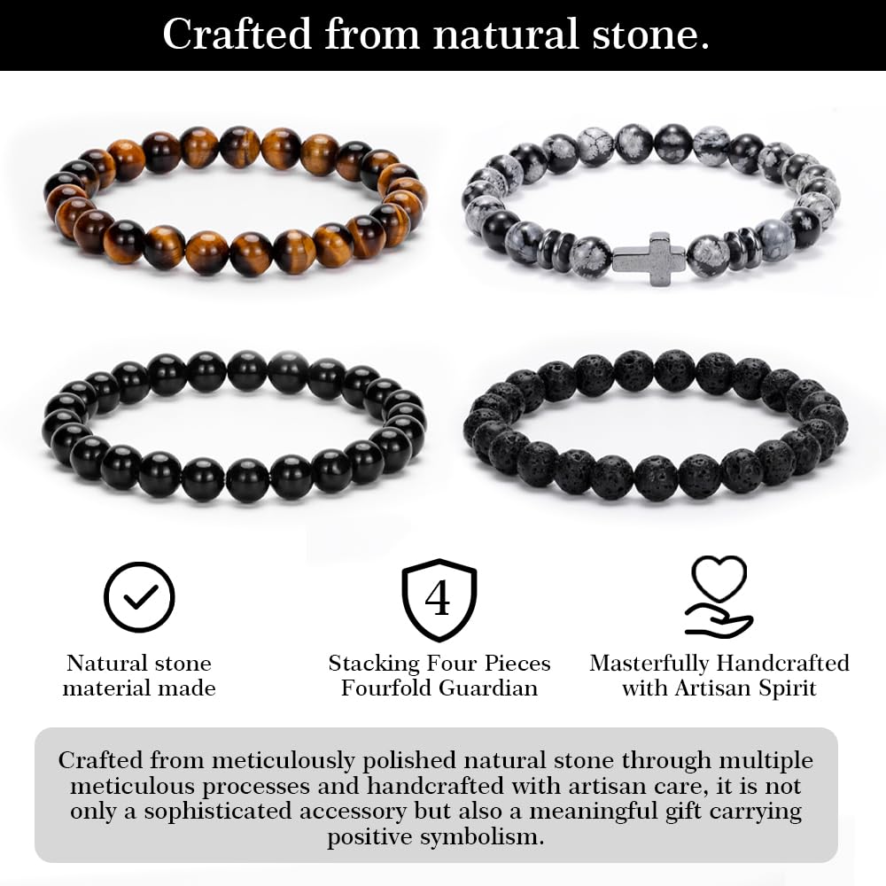 Crystery Men Beaded Bracelets, 8mm Natural Stone Bracelet, Healing Crystal, Jewelry Gifts for men, Triple Protection, Snowflake, Tiger Eye, Black Obsidian Beads Bracelets, Lava Rock, Pack of 4