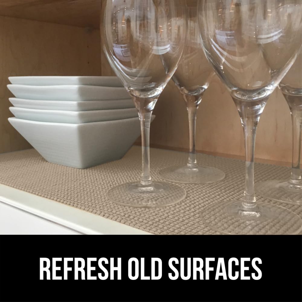 GORILLA GRIP powerGRIP Drawer Shelf and Cabinet Liner, Thick Strong Hold, Non-Adhesive Liners Protect Kitchen Cabinets and Cupboard, Bathroom Drawers, Easy Install, Breathable Mat, 12" x10', Beige