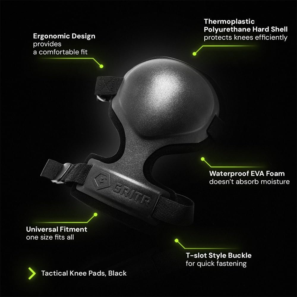 GRITR Tactical Knee Pads for Work, Hunting, Construction, Gardening, Paintball w/Foam Padding, Hard Shell & Adjustable Straps - Heavy Duty Professional Knee Protectors for Men & Women, Black