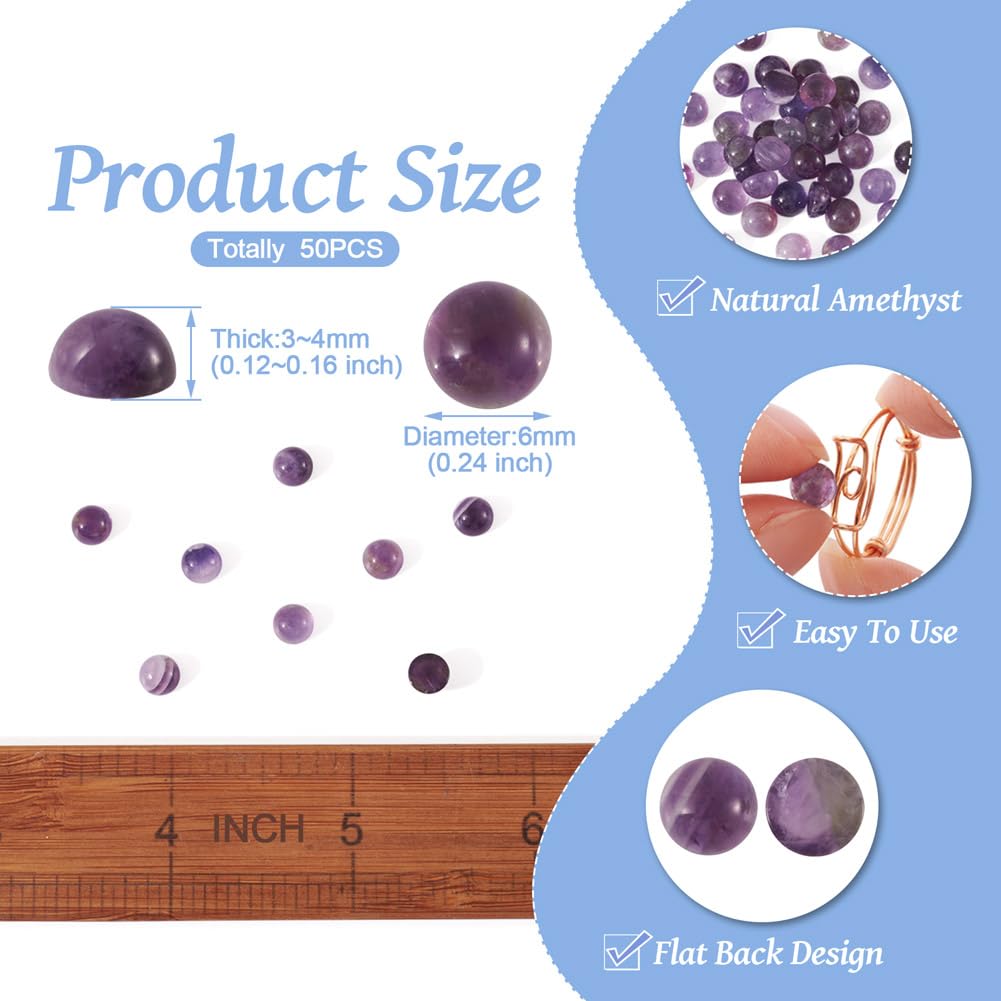 Fashewelry 50Pcs Natural Amethyst Cabochon Stone Half Round Beads 6mm Tiny Flat Back Gemstone Chakra Healing Crystal Cover Cabs for Jewelry Making