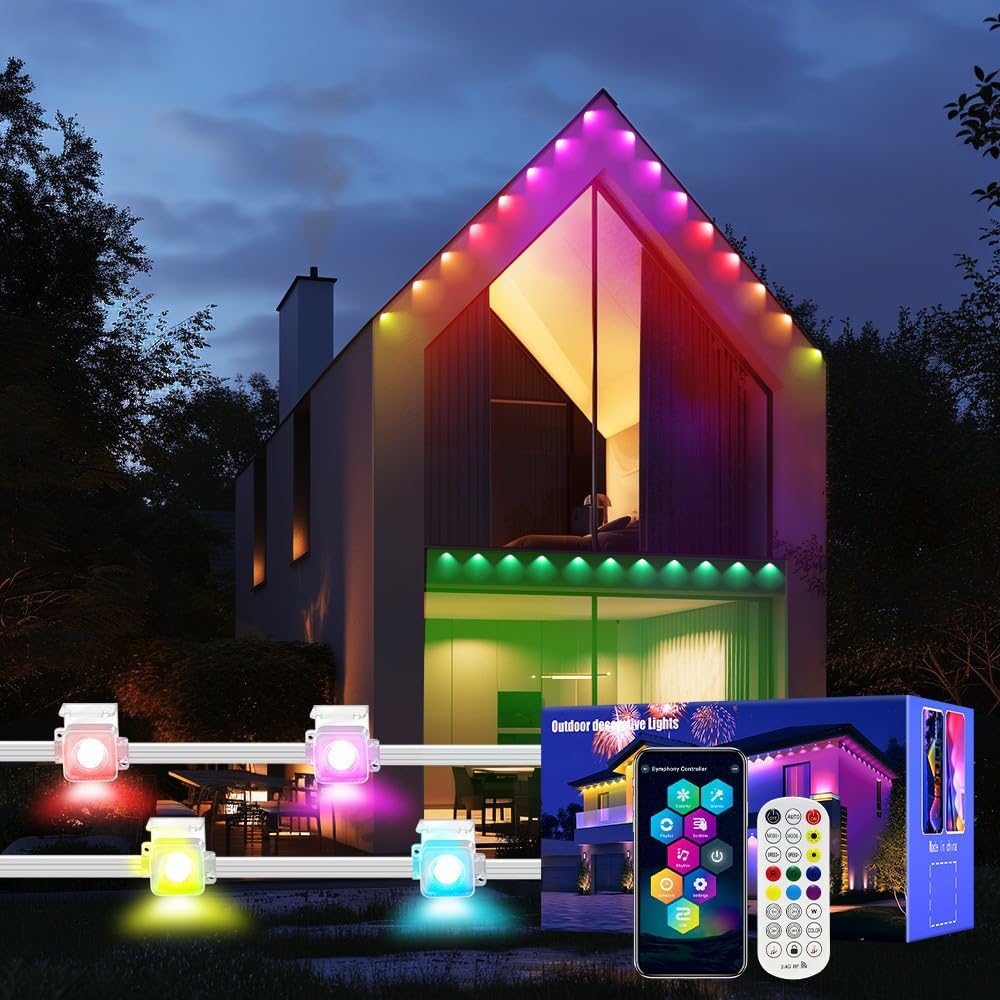 LLdshun Permanent Outdoor Lights, 50FT RGB LED Smart Eaves Lights with 30 LEDs, IP67 Waterproof, Remote/APP Control, DIY Scene Modes, Music Sync Lighting for Party, House, All Holiday Decorations