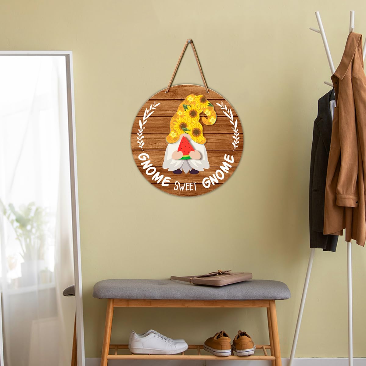 Interchangeable Gnome Welcome Sign Summer Patriotic 4th of July Door Decoration, Changeable Seasonal Front Porch Decor Wood Wreath Gnome Gifts for Spring Fall Winter All Seasons Holiday, Light Brown
