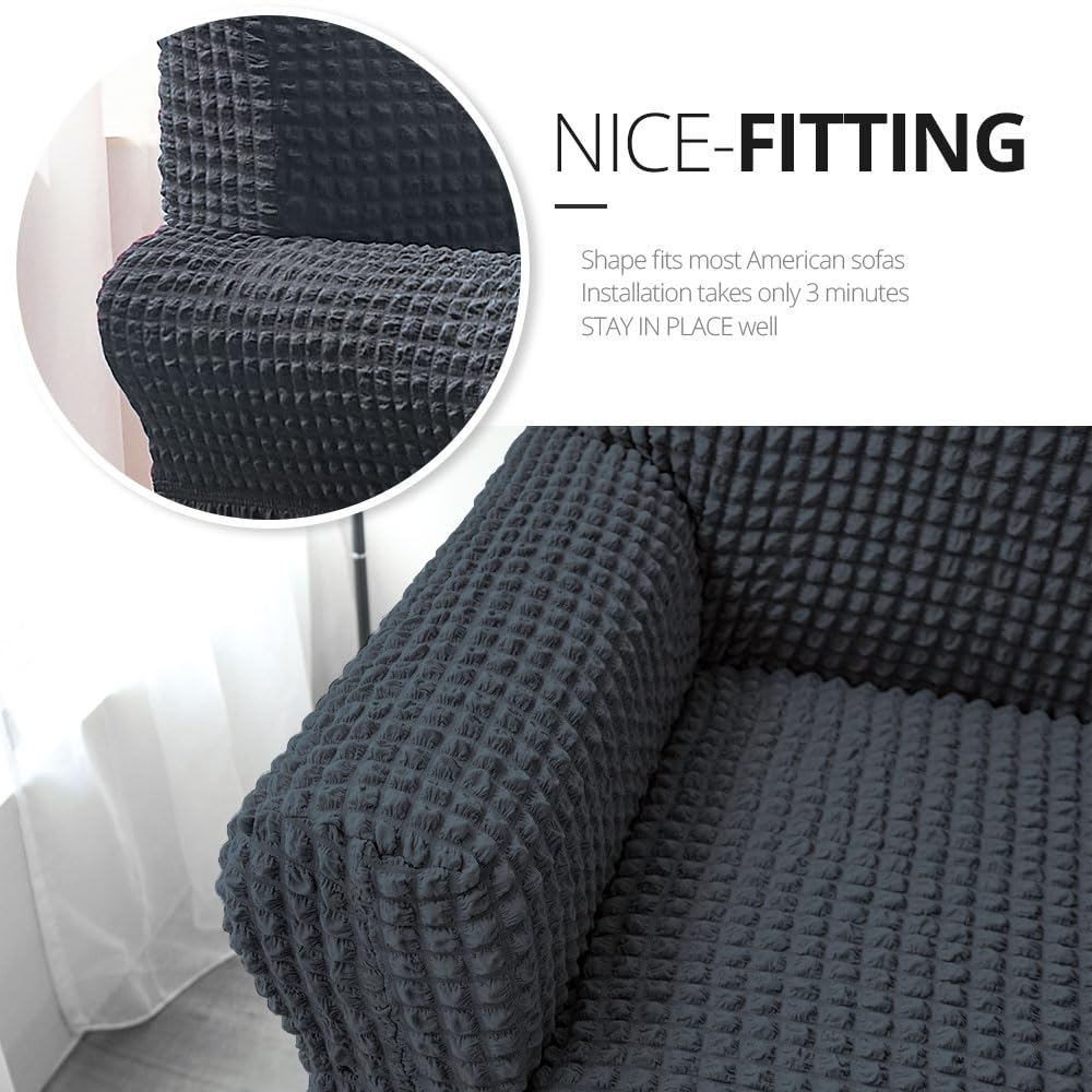 NICEEC Armchair Cover Dark Grey Armchair Slipcover 1 Piece Easy Fitted Sofa Couch Covers Universal High Stretchable Durable Furniture Protector with Skirt Country Style (1 Seater Dark Gray)