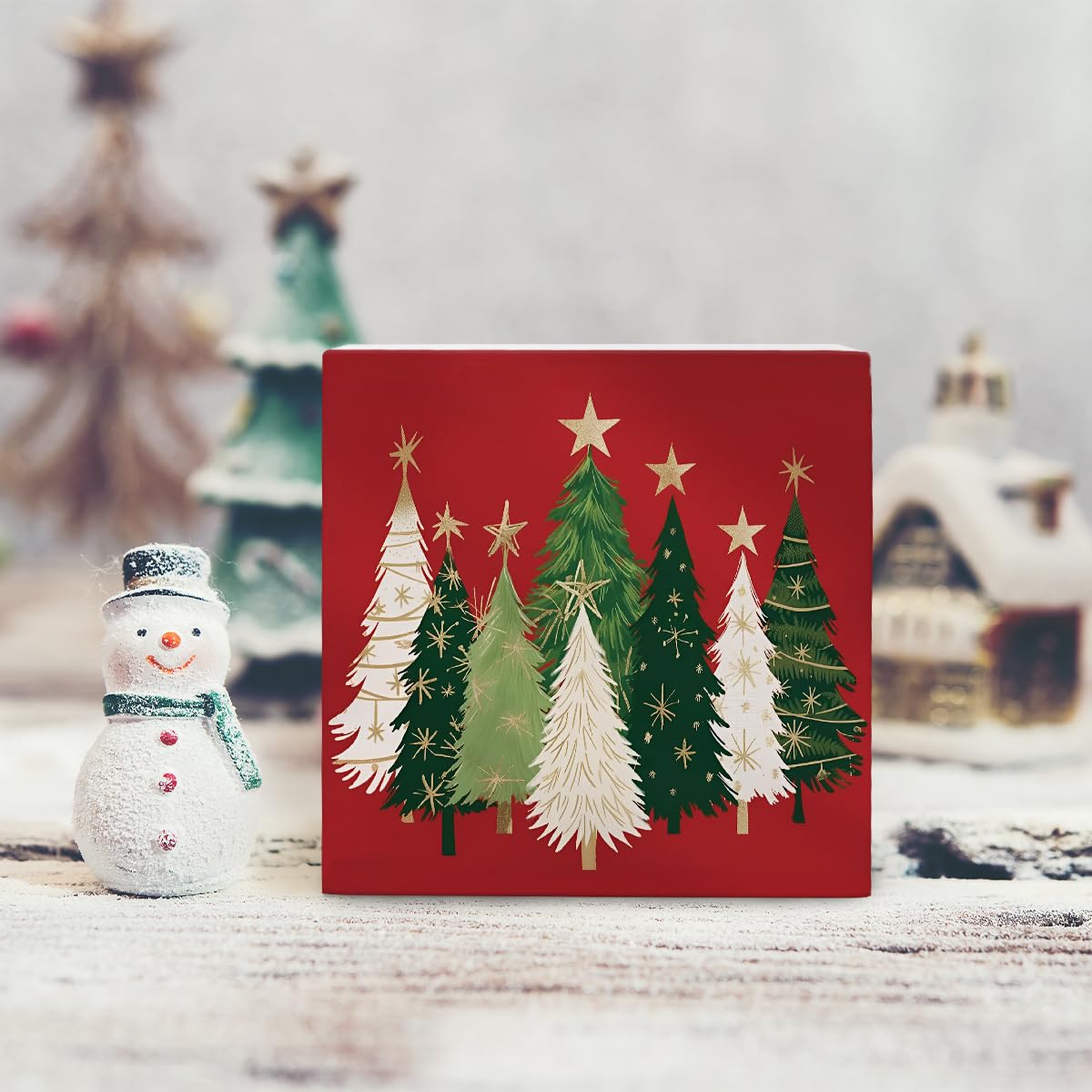Yetmadi Christmas Trees Wooden Box Sign Plaque Decor, Rustic Christmas Artwork, Christmas Decorations for Home Shelf Mantel Fireplace Table Party Decor