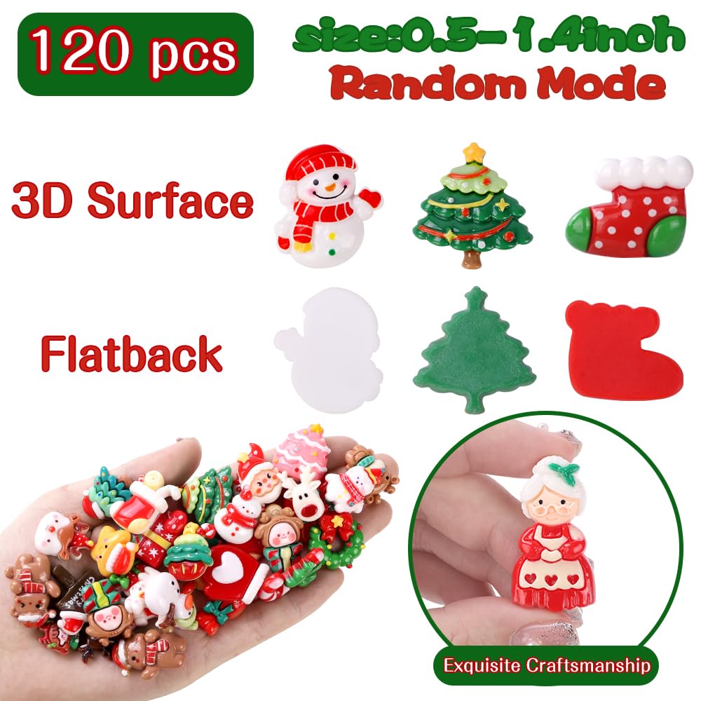 Vellibring 120PCS Christmas Cute Resin Flatback Slime Charms，60 Styles Bulk Christmas Cartoon Making Kit Decorations for Holiday DIY Craft Phone Cases Nails Scrapbooking