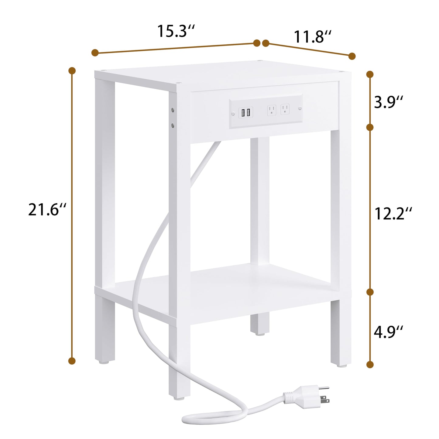End Table with Charging Station, 2-Tier Nightstand with Storage Shelf,Modern Side Table,Bedside Table for Small Space in Living Room, Bedroom, Sofa Couch and Balcony, White MLBZ14WE