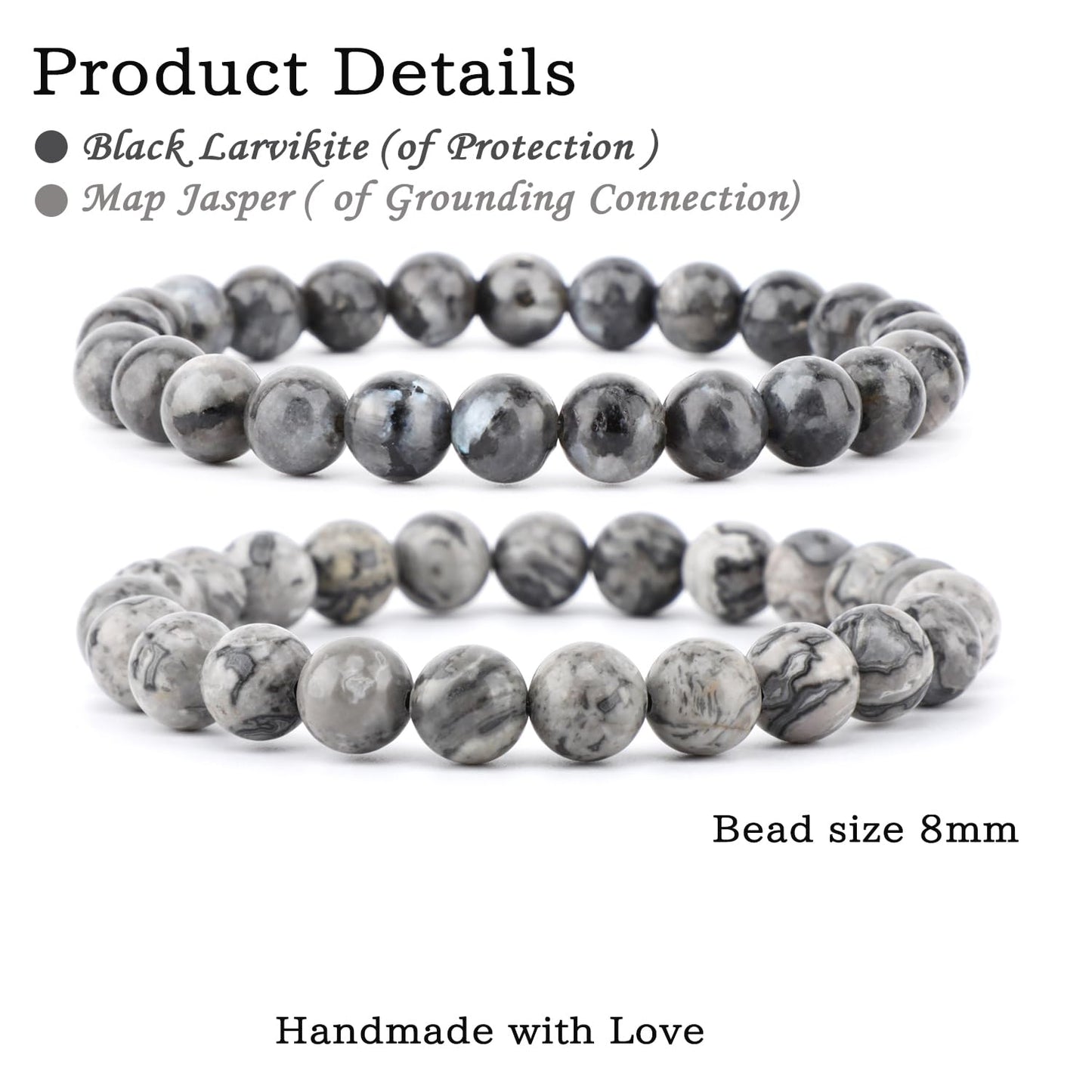 NCB 2-Piece 8mm Natural Crystal Gemstone Stretch Bracelets – ﻿Black Larvikite, Map Jasper Handmade Reiki Energy Healing Jewelry for Meditation,Yoga, Unisex
