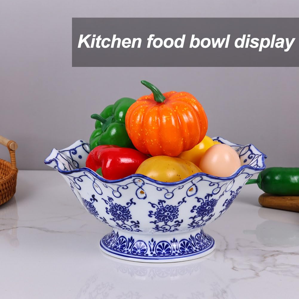 9.4in Blue and White Ceramic Fruit Bowl, Porcelain Decoration Bowl, Fruit Serving Plate,Storage Bowl,Decorative Pedestal Bowl for Table Countertop,Kitchen Island Centerpiece, Home Dining Décor